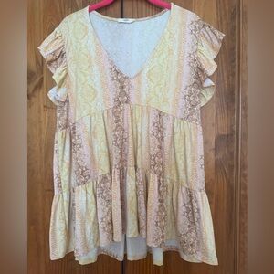 Entro Yellow and Brown Snake Print Ruffle Blouse